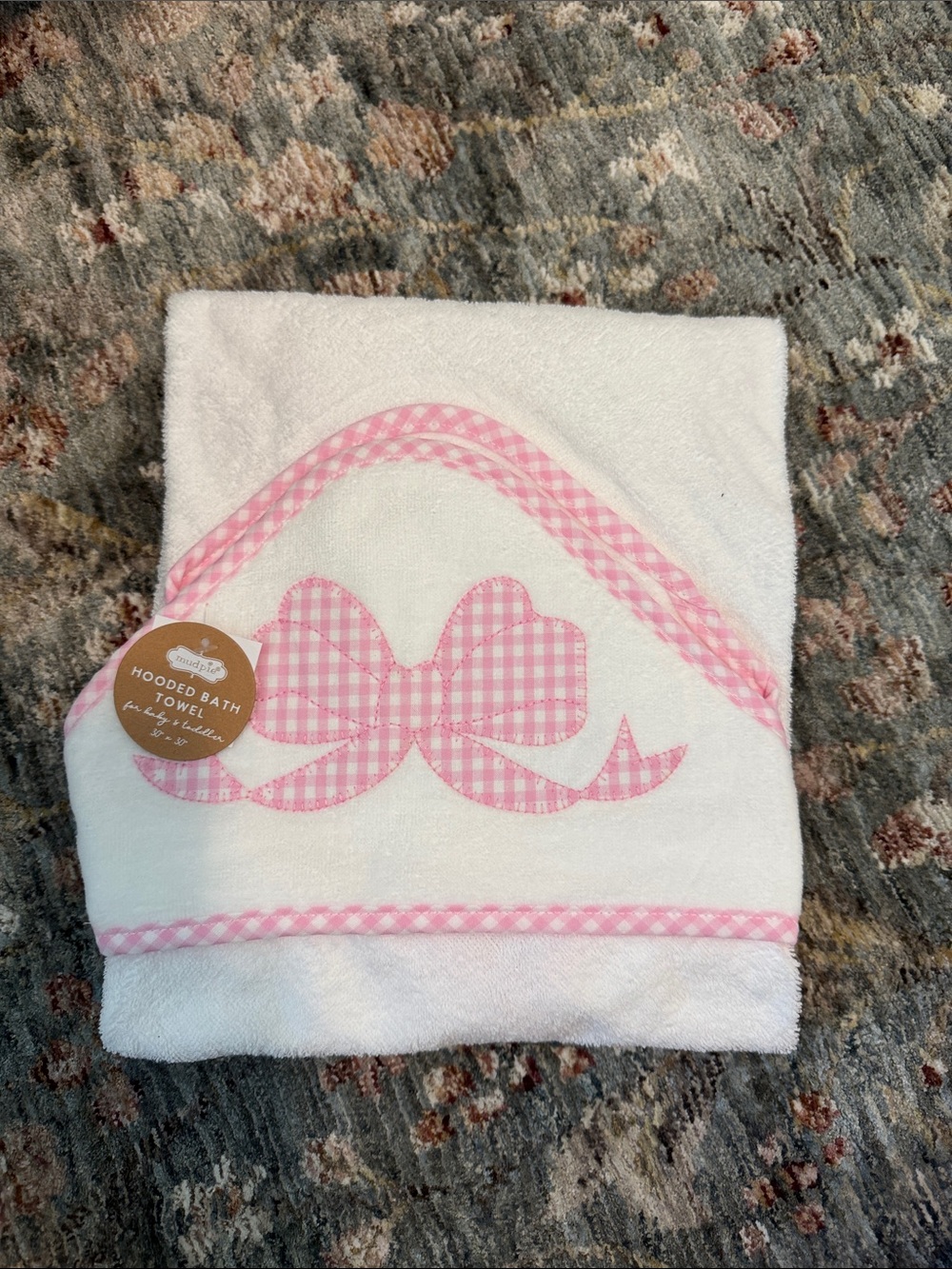 Mud Pie White Hooded Bath Towel with Pink Gingham Bow